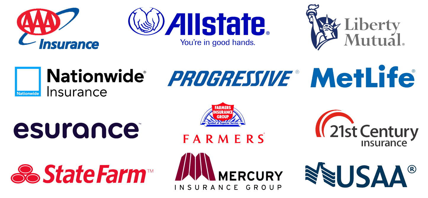 Insurance companies we work with including AAA, Allstate, Liberty Mutual, Nationwide, Progressive, MetLife, Esurance, Farmers, 21st Century, State Farm, Mercury, and USAA